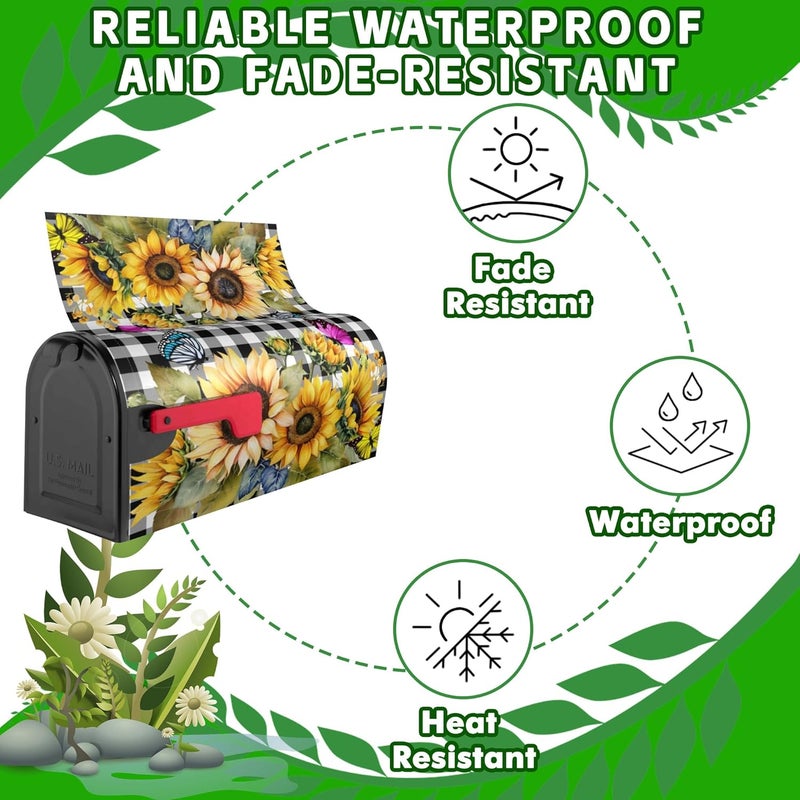 Identiy Mailbox Covers Magnetic Standard Size,Sunflowers Butterfly on Black White Buffalo Check Plaid Spring Summer Mailbox Covers Magnetic for Holiday Outside Yard Decor 18"x21" - Image 3