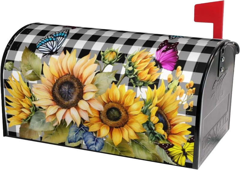 Identiy Mailbox Covers Magnetic Standard Size,Sunflowers Butterfly on Black White Buffalo Check Plaid Spring Summer Mailbox Covers Magnetic for Holiday Outside Yard Decor 18"x21" - Image 1