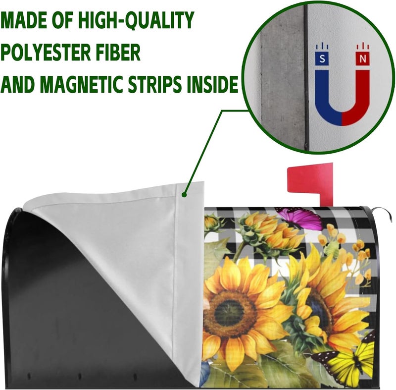 Identiy Mailbox Covers Magnetic Standard Size,Sunflowers Butterfly on Black White Buffalo Check Plaid Spring Summer Mailbox Covers Magnetic for Holiday Outside Yard Decor 18"x21" - Image 4