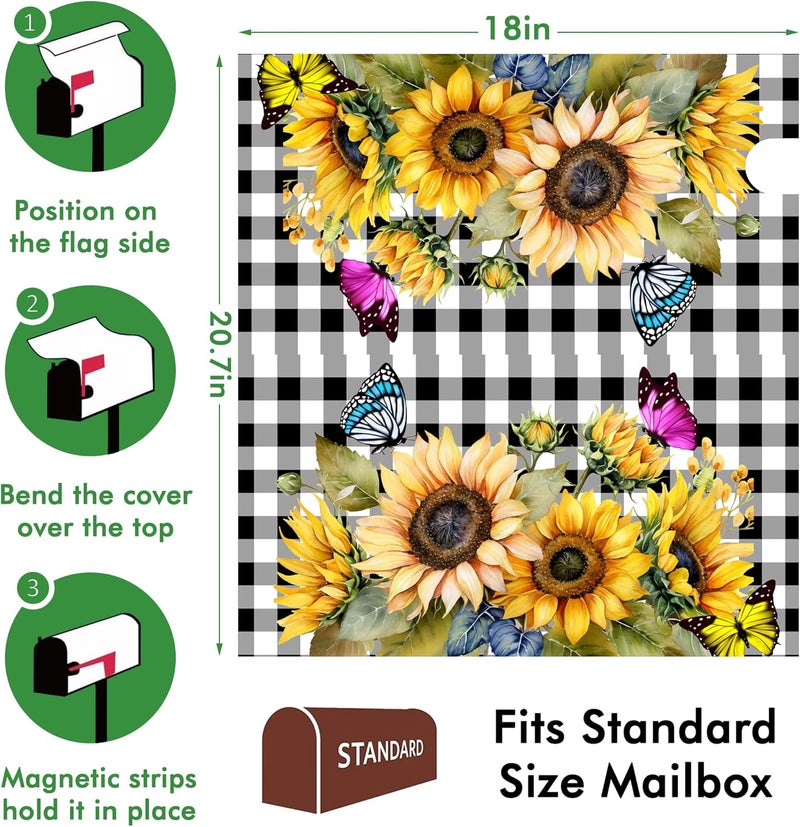 Identiy Mailbox Covers Magnetic Standard Size,Sunflowers Butterfly on Black White Buffalo Check Plaid Spring Summer Mailbox Covers Magnetic for Holiday Outside Yard Decor 18"x21" - Image 2