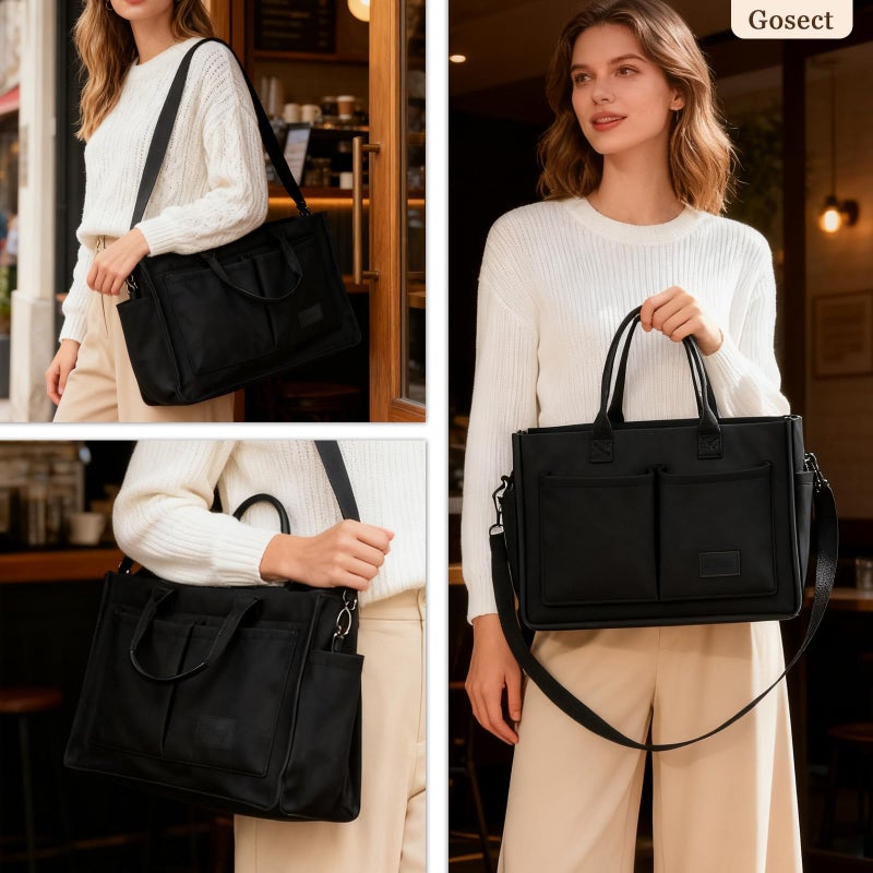 Gosect Canvas Tote Bag for Women With Pockets,X-Large Work Tote Bags Womens, Laptop Crossbody Purses Everything Everyday Bag Handbags lunch bag for Travel Work (Black) - Image 2