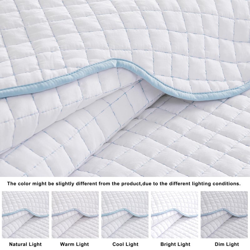 WDCOZY White Queen Size Quilt Bedding Set, Blue Scalloped Farmhouse Country Rustic Lightweight Soft Coverlet for All Season, Cute Cozy Kantha Pick Stitch Bedspread, 2 Pillow Shams - Image 5