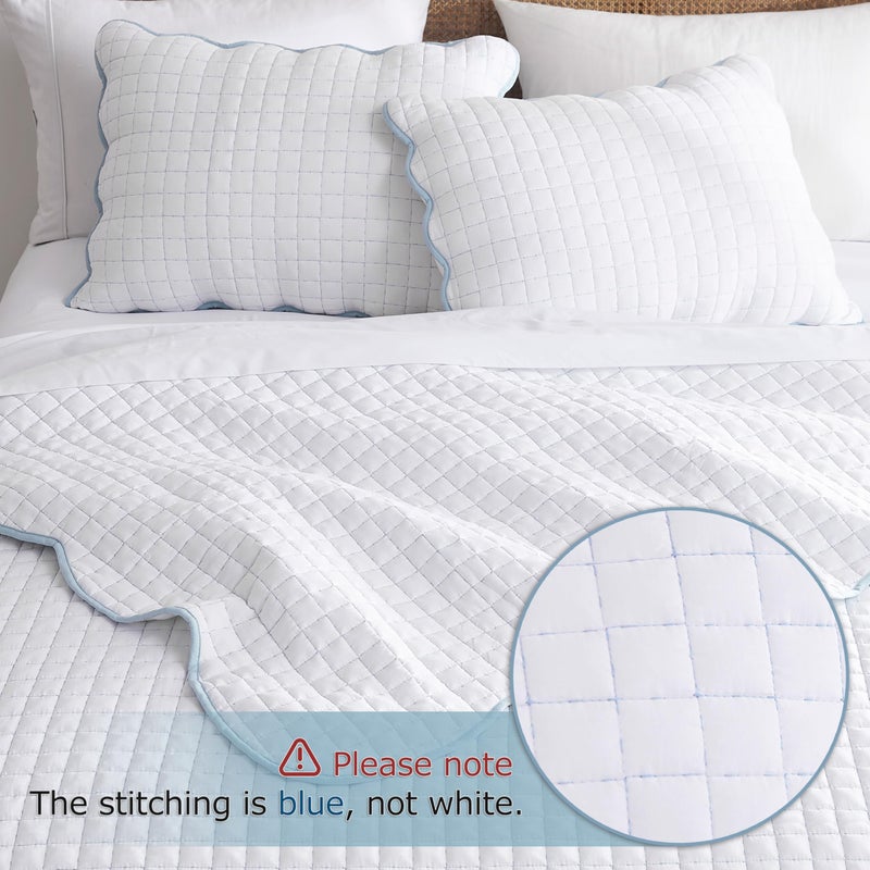 WDCOZY White Queen Size Quilt Bedding Set, Blue Scalloped Farmhouse Country Rustic Lightweight Soft Coverlet for All Season, Cute Cozy Kantha Pick Stitch Bedspread, 2 Pillow Shams - Image 3
