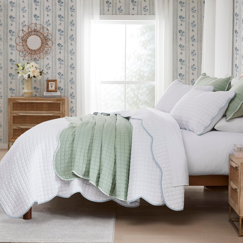 WDCOZY White Queen Size Quilt Bedding Set, Blue Scalloped Farmhouse Country Rustic Lightweight Soft Coverlet for All Season, Cute Cozy Kantha Pick Stitch Bedspread, 2 Pillow Shams - Image 2