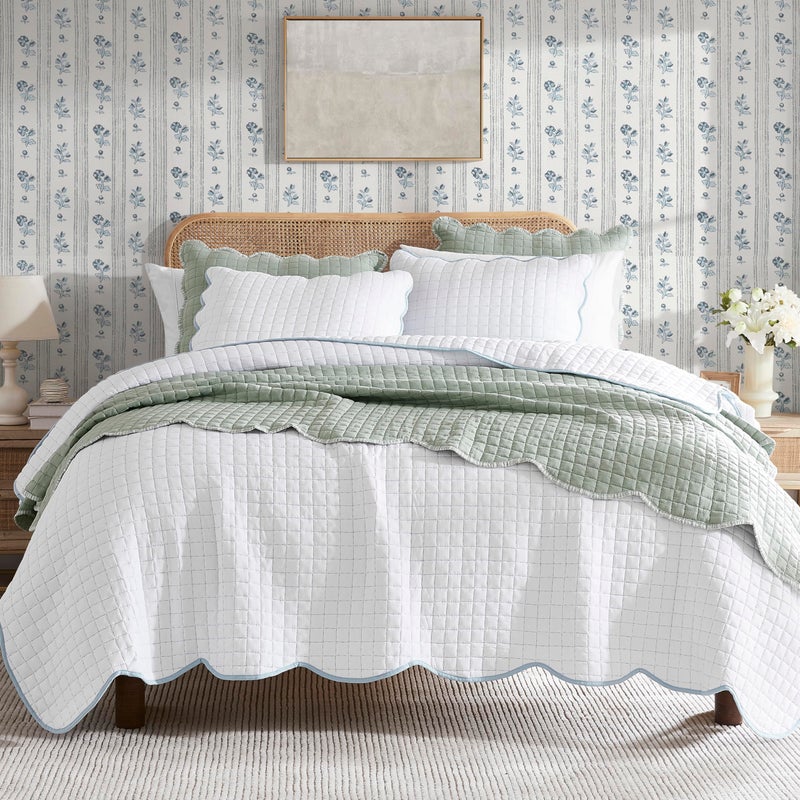 WDCOZY White Queen Size Quilt Bedding Set, Blue Scalloped Farmhouse Country Rustic Lightweight Soft Coverlet for All Season, Cute Cozy Kantha Pick Stitch Bedspread, 2 Pillow Shams - Image 1