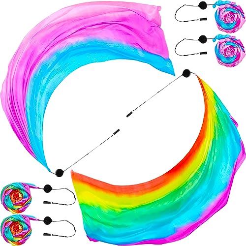 Jenaai 4 Sets Belly Dance Colorful Veil Poi Scarf Poi Streamer with Poi Balls Silk Poi for Stage Props Fresh Color7874 x 315 Inches - Image 1
