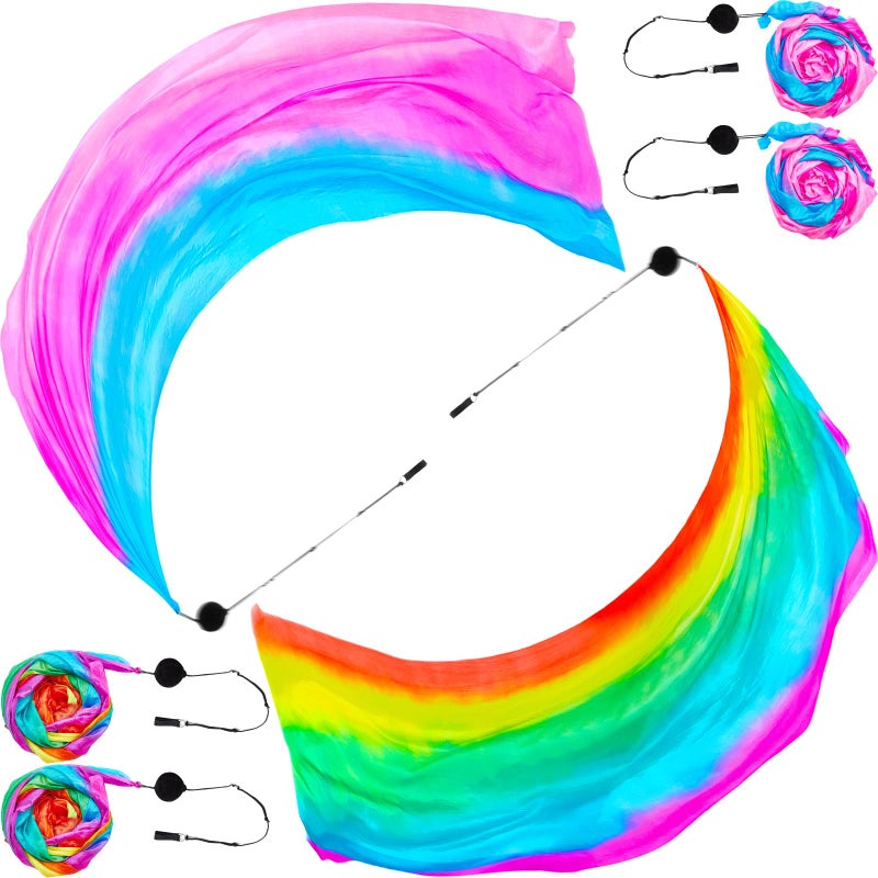 Jenaai 4 Sets Belly Dance Colorful Veil Poi Scarf Poi Streamer with Poi Balls Silk Poi for Stage Props Fresh Color7874 x 315 Inches - Image 2
