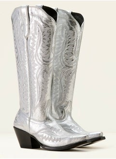 Loquat Cowboy Boots For Women Western Embroidered Cowgirl Boots Chunky Heel Wide Tube Boots Pull on Pointy Toe Vintage Boots Silver 