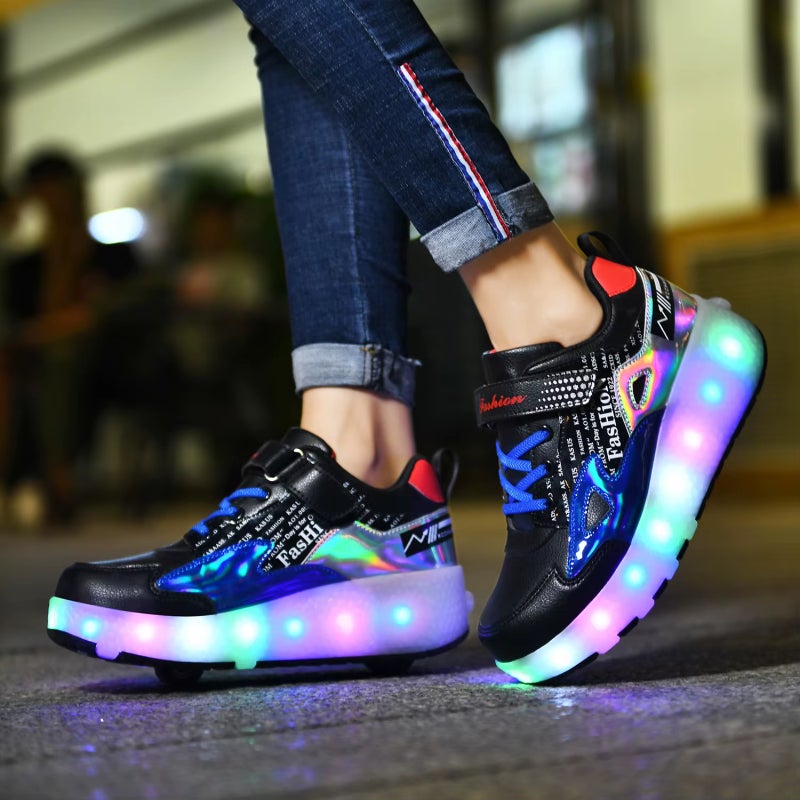 Double Wheel Skates Size 28 Black Red Unique Seamless Walking-Skating Transitions - USB Rechargeable LED Lights Enhanced Evening Visibility Breathable Durable Kids Skates for Active Kids Outdoor Play - Image 3