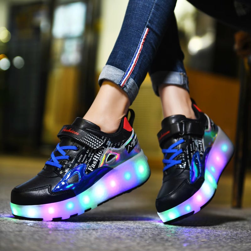 Double Wheel Skates Size 28 Black Red Unique Seamless Walking-Skating Transitions - USB Rechargeable LED Lights Enhanced Evening Visibility Breathable Durable Kids Skates for Active Kids Outdoor Play - Image 2