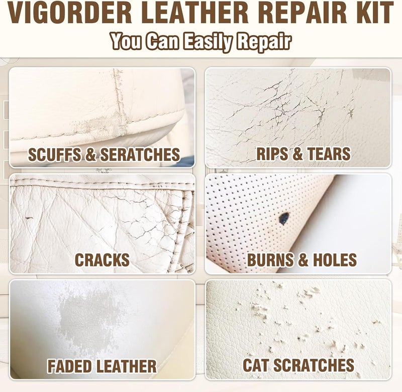 Vigorder Cream Leather Repair Kit for Furniture, Vinyl Repair Kit for Car Interior, Sofa, Purse and Jacket, Restore Any Material with Super Easy Instructions to Fix Scratches, Tears, Holes, Peeling - Image 2
