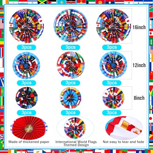 Outus 9 Pcs International World Flags Classroom Decorations Around the World Hanging Paper Fans Country Flags International Decor Party Banner Garland for Office Classroom Decor - Image 3