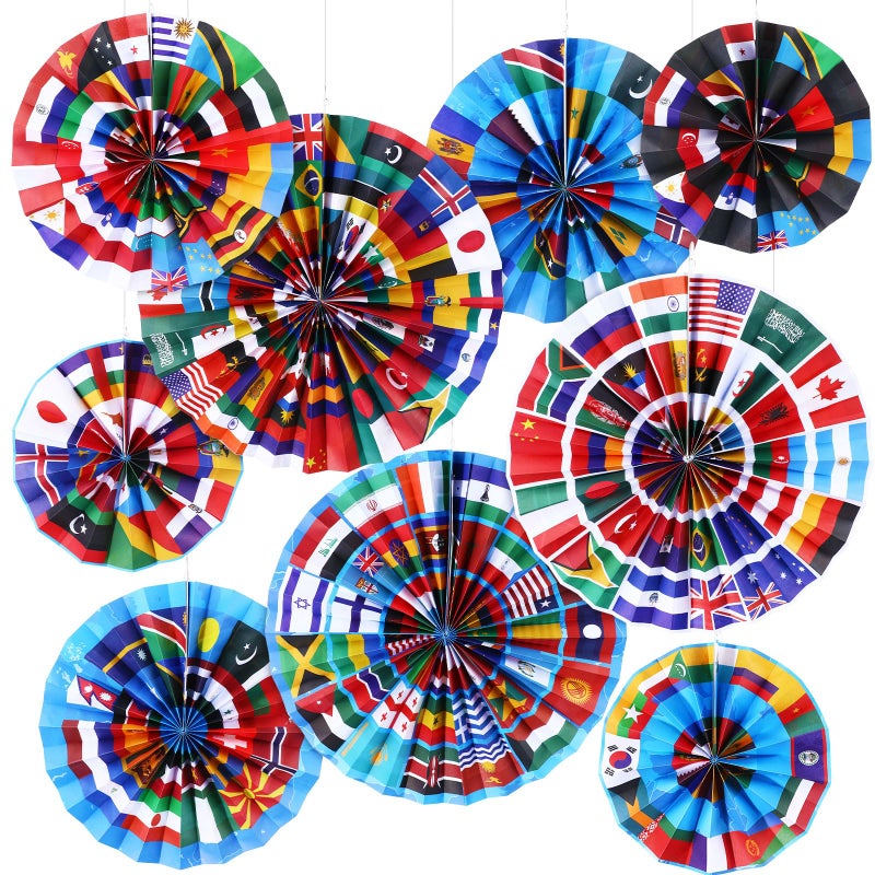 Outus 9 Pcs International World Flags Classroom Decorations Around the World Hanging Paper Fans Country Flags International Decor Party Banner Garland for Office Classroom Decor - Image 2