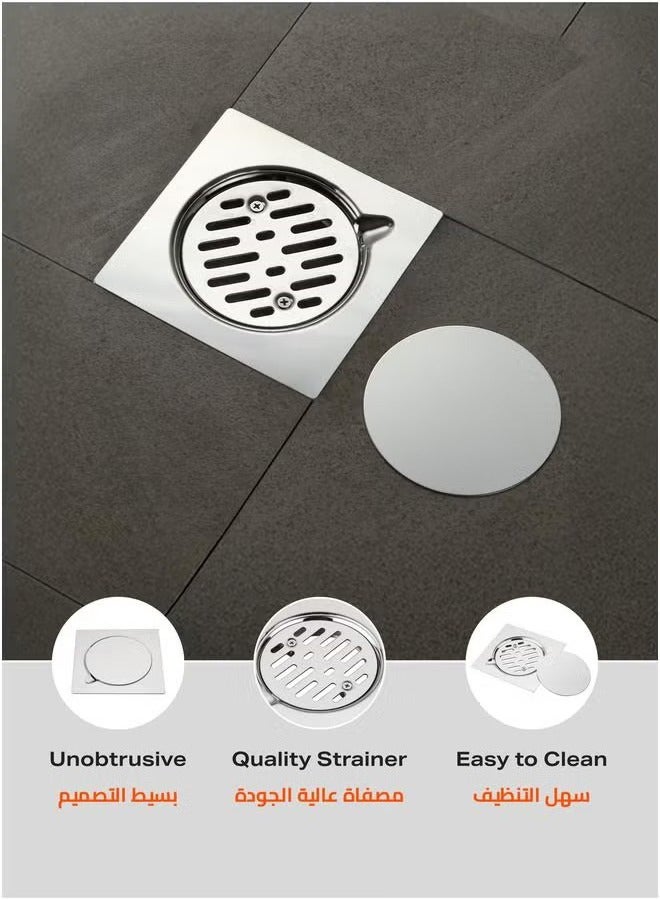 HOMESTAR مصرف أرضي من الفولاذ المقاوم للصدأ - 15x15 سم إدخال بلاط مسطح مع مصفاة مضادة للانسداد، غطاء آمن، وسطح صحي مثالي للحمامات، المطابخ، الدش، الفناء الخلفي، المساحات الخارجية - Image 3