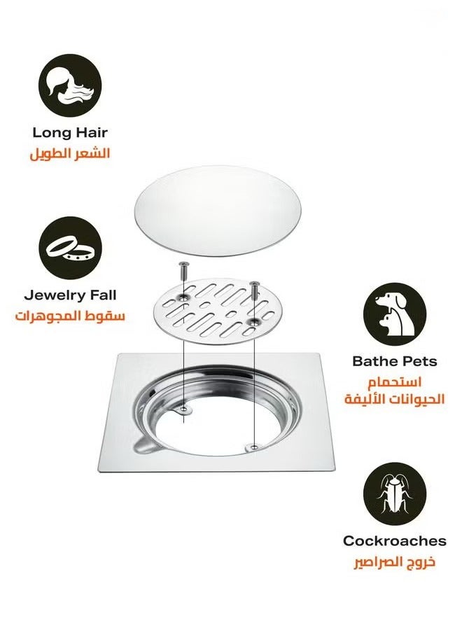 HOMESTAR مصرف أرضي من الفولاذ المقاوم للصدأ - 15x15 سم إدخال بلاط مسطح مع مصفاة مضادة للانسداد، غطاء آمن، وسطح صحي مثالي للحمامات، المطابخ، الدش، الفناء الخلفي، المساحات الخارجية - Image 4