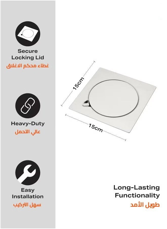 HOMESTAR مصرف أرضي من الفولاذ المقاوم للصدأ - 15x15 سم إدخال بلاط مسطح مع مصفاة مضادة للانسداد، غطاء آمن، وسطح صحي مثالي للحمامات، المطابخ، الدش، الفناء الخلفي، المساحات الخارجية - Image 2