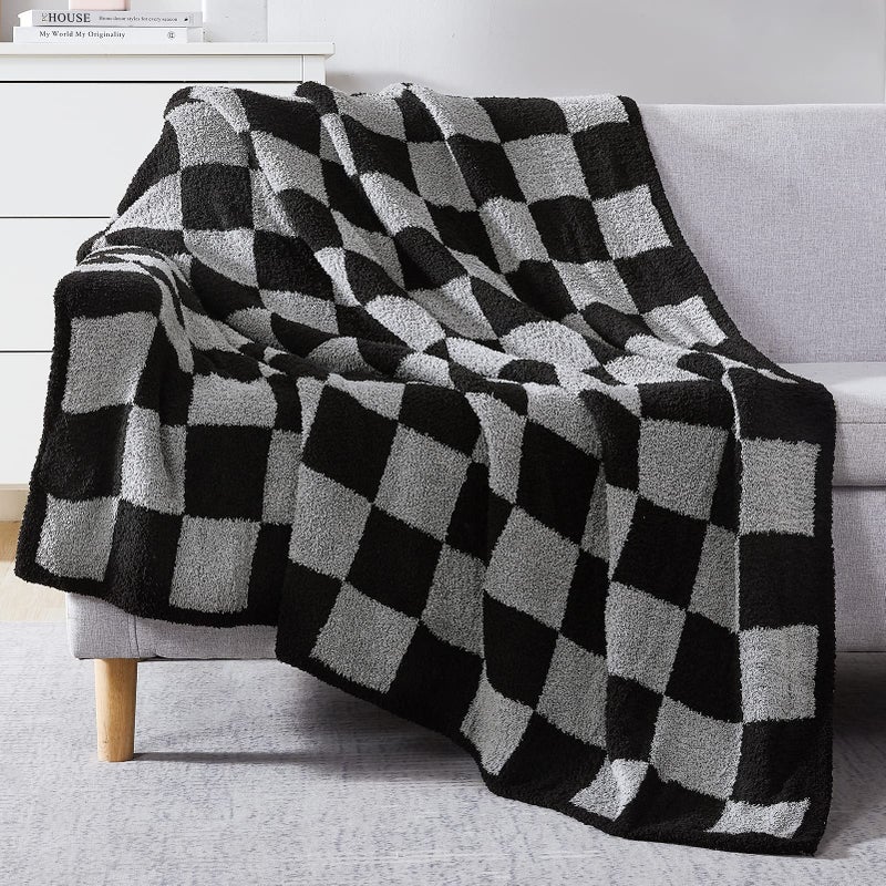 WRENSONGE Checkered Throw Blanket Black Grey Checkered Soft Cozy Fluffy Warm Hand Made Throw Blankets for Couch Sofa Chair Bed PicnicTravel Lightweight Bed Blankets for Men