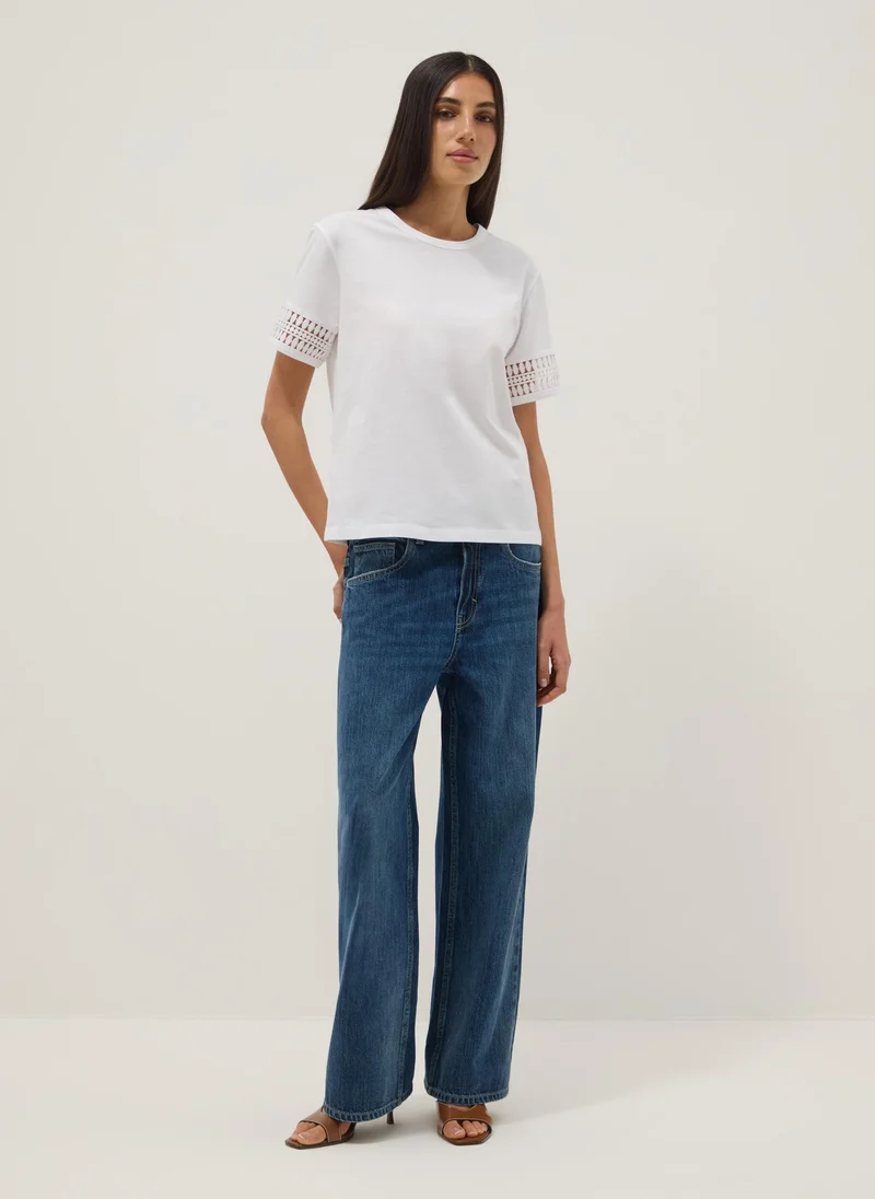 Ovs OVS White Pure Cotton T-Shirt With Lace Sleeves