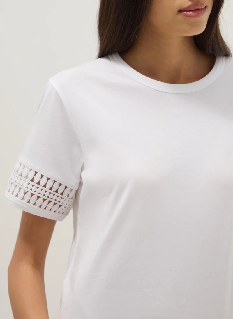Ovs  OVS White Pure Cotton T-Shirt With Lace Sleeves for Women | Best Price UAE