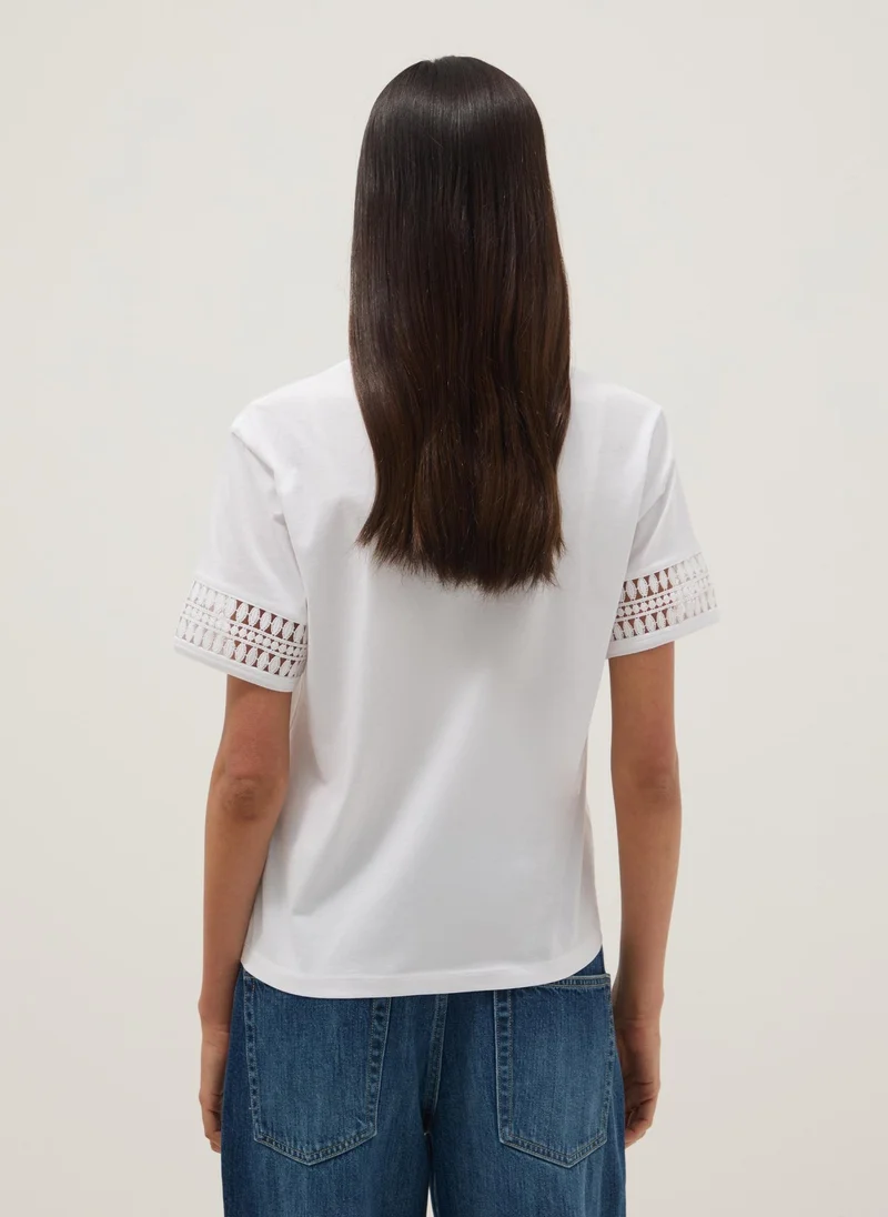 Ovs  OVS White Pure Cotton T-Shirt With Lace Sleeves for Women | Best Price UAE