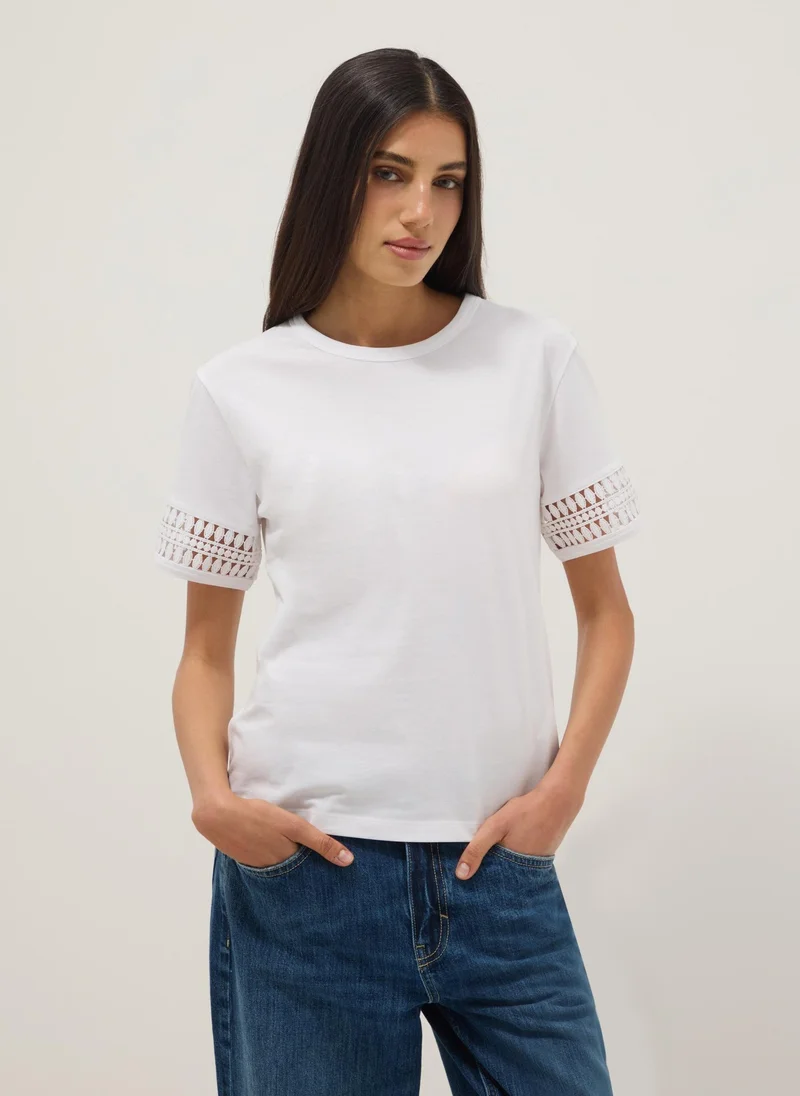 Ovs OVS White Pure Cotton T-Shirt With Lace Sleeves