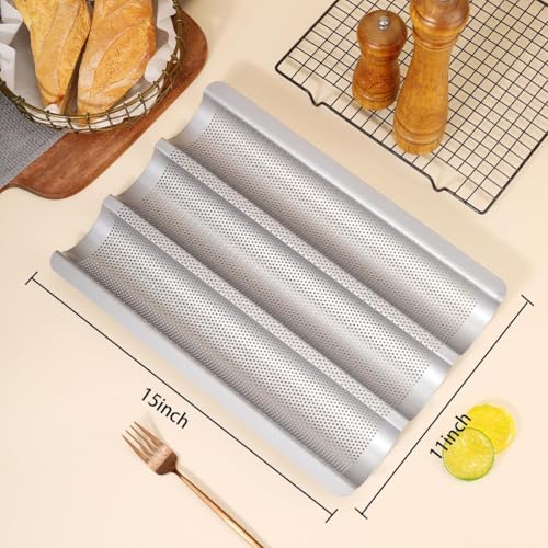 Hesanzol Baguette Pans for Baking 15" x 11", 3 Loaf Carbon Steel French Bread Pan Nonstick Perforated Baguette Baking Tray Silver - Image 5