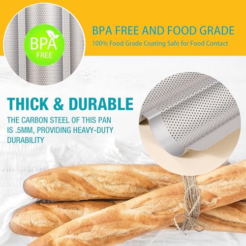 Hesanzol Baguette Pans for Baking 15" x 11", 3 Loaf Carbon Steel French Bread Pan Nonstick Perforated Baguette Baking Tray Silver - Image 3