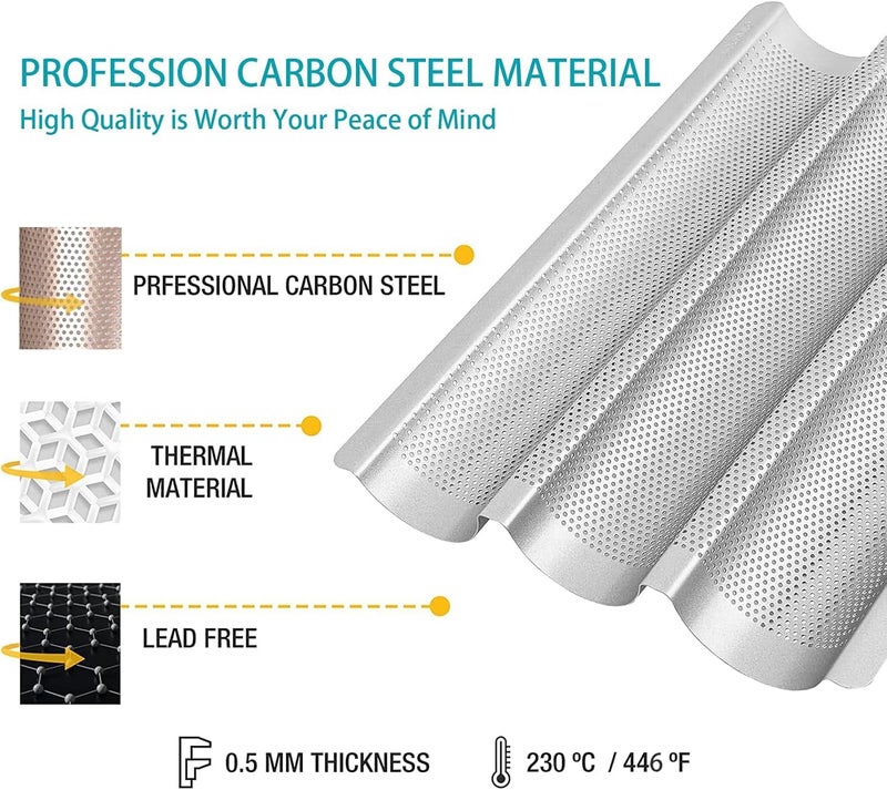 Hesanzol Baguette Pans for Baking 15" x 11", 3 Loaf Carbon Steel French Bread Pan Nonstick Perforated Baguette Baking Tray Silver - Image 2