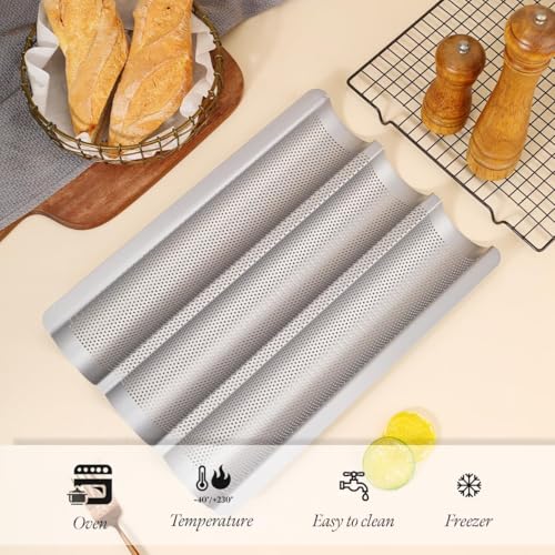 Hesanzol Baguette Pans for Baking 15" x 11", 3 Loaf Carbon Steel French Bread Pan Nonstick Perforated Baguette Baking Tray Silver - Image 4