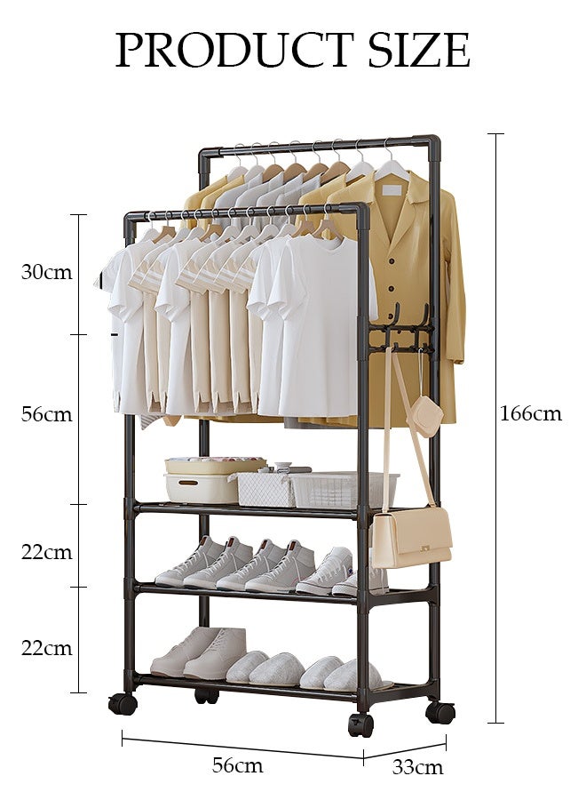 DUNISO Double Rods Clothes Rack with Roller, Metal Garment Rack with Shoe rack and Hooks, Multipurpose Clothes Hanger Organizer,Suitable for Bedrooms, Balconies and Living room (Black) - Image 2
