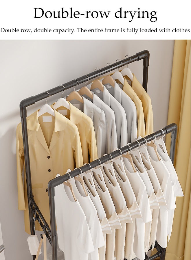 DUNISO Double Rods Clothes Rack with Roller, Metal Garment Rack with Shoe rack and Hooks, Multipurpose Clothes Hanger Organizer,Suitable for Bedrooms, Balconies and Living room (Black) - Image 4