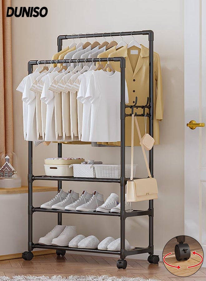 DUNISO Double Rods Clothes Rack with Roller, Metal Garment Rack with Shoe rack and Hooks, Multipurpose Clothes Hanger Organizer,Suitable for Bedrooms, Balconies and Living room (Black) - Image 1
