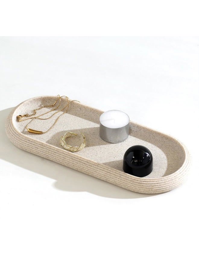 Haocoott Jewelry Tray Bathtub, Resin Stone Look Decorative Perfume Tray, Bathroom Marble Vanity Organizer Plate Holder for Ring Soap Towel Small Things on Kitchen Sink Countertop (Beige, Medium) - Image 1