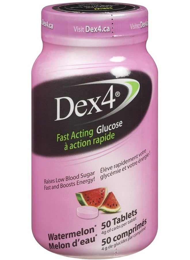 Dex4 Glucose Tablets, Watermelon, 50 Count Bottle, Each Tablet Contains 4g of Carbs - Image 1