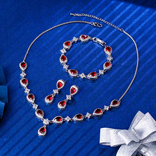EleQueen Women's Silver-Tone Cubic Zirconia Teardrop Flower Bridal V-Necklace Sets Tennis Bracelet Dangle Earrings Ruby Color - Image 3