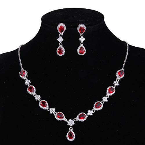 EleQueen Women's Silver-Tone Cubic Zirconia Teardrop Flower Bridal V-Necklace Sets Tennis Bracelet Dangle Earrings Ruby Color - Image 5