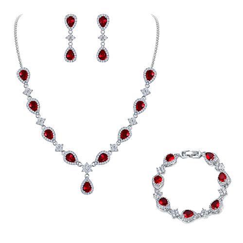 EleQueen Women's Silver-Tone Cubic Zirconia Teardrop Flower Bridal V-Necklace Sets Tennis Bracelet Dangle Earrings Ruby Color - Image 1