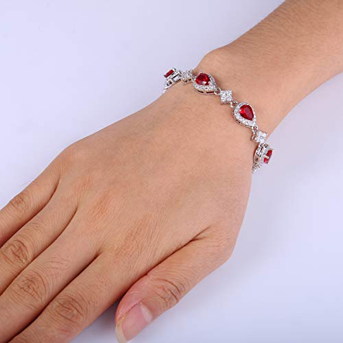 EleQueen Women's Silver-Tone Cubic Zirconia Teardrop Flower Bridal V-Necklace Sets Tennis Bracelet Dangle Earrings Ruby Color - Image 4