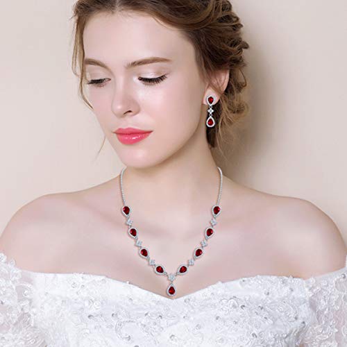 EleQueen Women's Silver-Tone Cubic Zirconia Teardrop Flower Bridal V-Necklace Sets Tennis Bracelet Dangle Earrings Ruby Color - Image 2