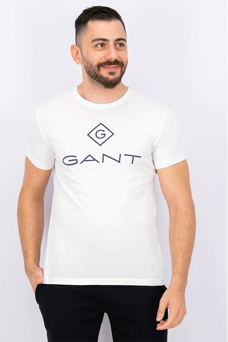 GANT Men Crew Neck Short Sleeves Brand Logo Print T-shirt, White - Image 1