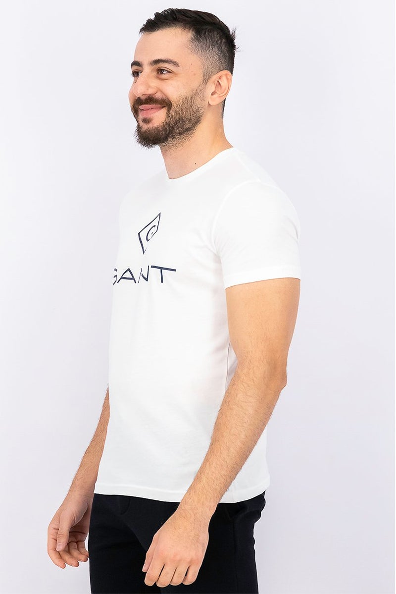 GANT Men Crew Neck Short Sleeves Brand Logo Print T-shirt, White - Image 4