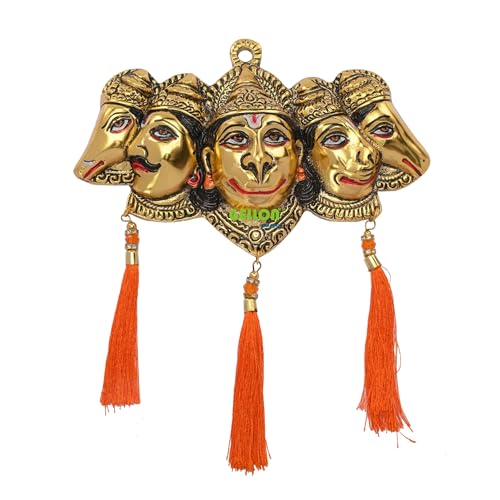 Gellon Panchmukhi Hanuman Ji Murti for Door Entrance Statue Wall Hanging Showpiece with Silk Latakan in Gold Finish (Gold), 20 cm , 20 cm - Image 5