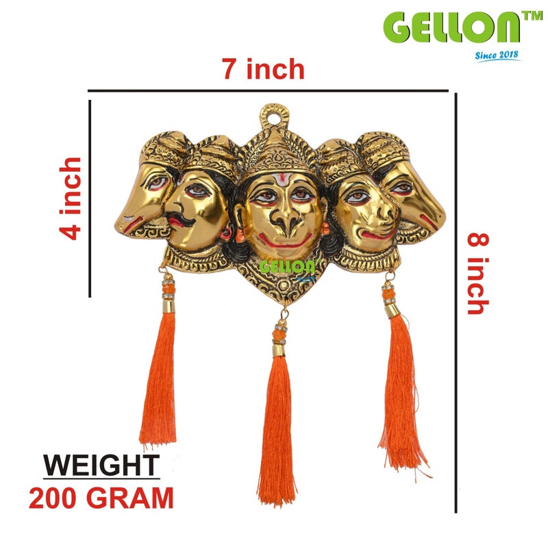 Gellon Panchmukhi Hanuman Ji Murti for Door Entrance Statue Wall Hanging Showpiece with Silk Latakan in Gold Finish (Gold), 20 cm , 20 cm - Image 3