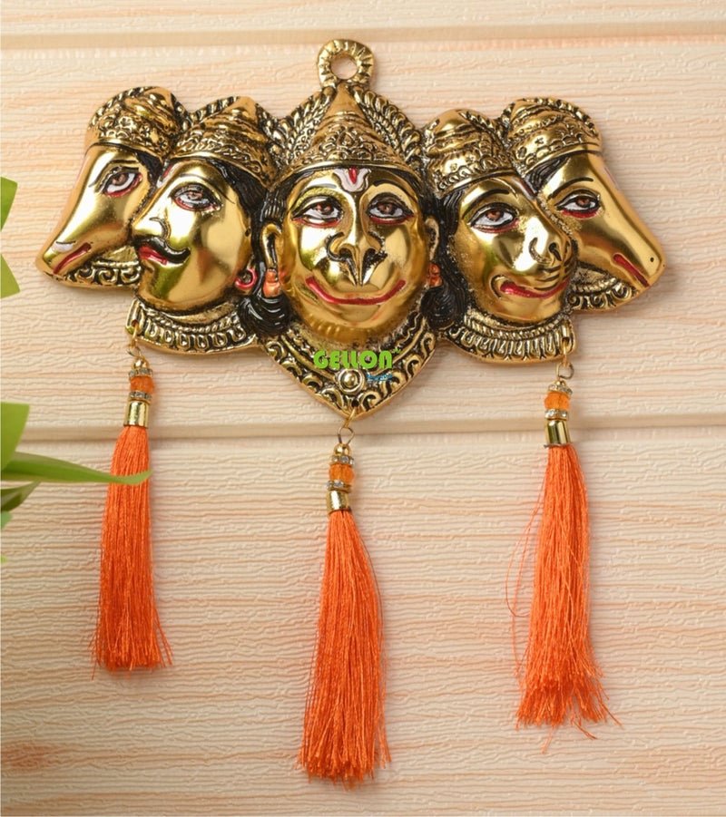 Gellon Panchmukhi Hanuman Ji Murti for Door Entrance Statue Wall Hanging Showpiece with Silk Latakan in Gold Finish (Gold), 20 cm , 20 cm - Image 1