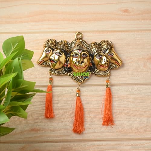 Gellon Panchmukhi Hanuman Ji Murti for Door Entrance Statue Wall Hanging Showpiece with Silk Latakan in Gold Finish (Gold), 20 cm , 20 cm - Image 2