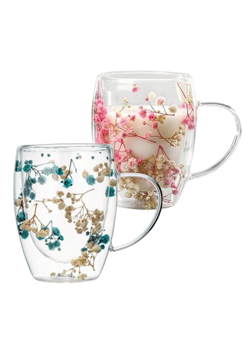 1Chase Borosilicate Double Wall Flower Coffee Cup Pink and Blue 350 ML (2 PCS Set)