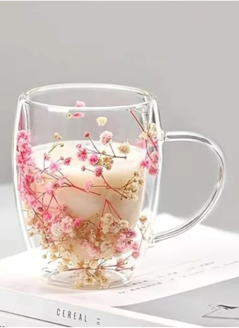 1Chase Borosilicate Double Wall Flower Coffee Cup Pink and Blue 350 ML (2 PCS Set)