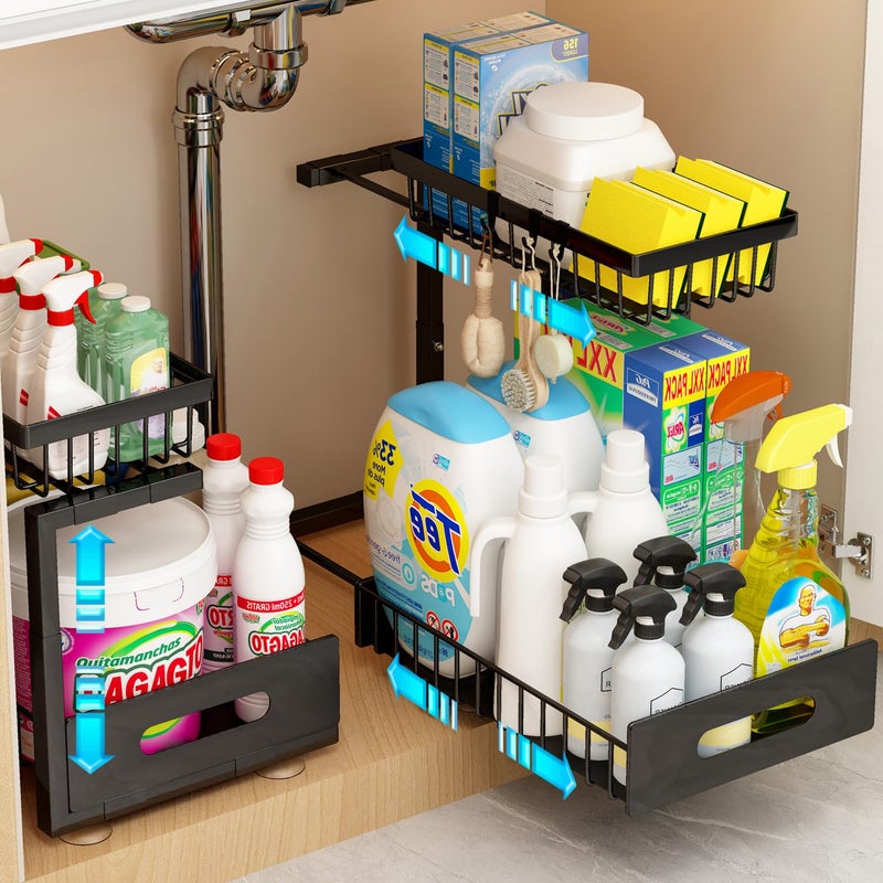 Adoymiro Under Sink Organizer, Adjustable Shelves, 2 Pack Pull Out Cabinet Organizer Slide Out Sink Shelf Cabinet Storage Shelves, Under Sink Storage for Kitchen Bathroom Cabinet - Image 1