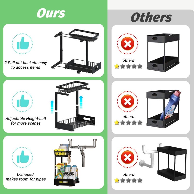 Adoymiro Under Sink Organizer, Adjustable Shelves, 2 Pack Pull Out Cabinet Organizer Slide Out Sink Shelf Cabinet Storage Shelves, Under Sink Storage for Kitchen Bathroom Cabinet - Image 5