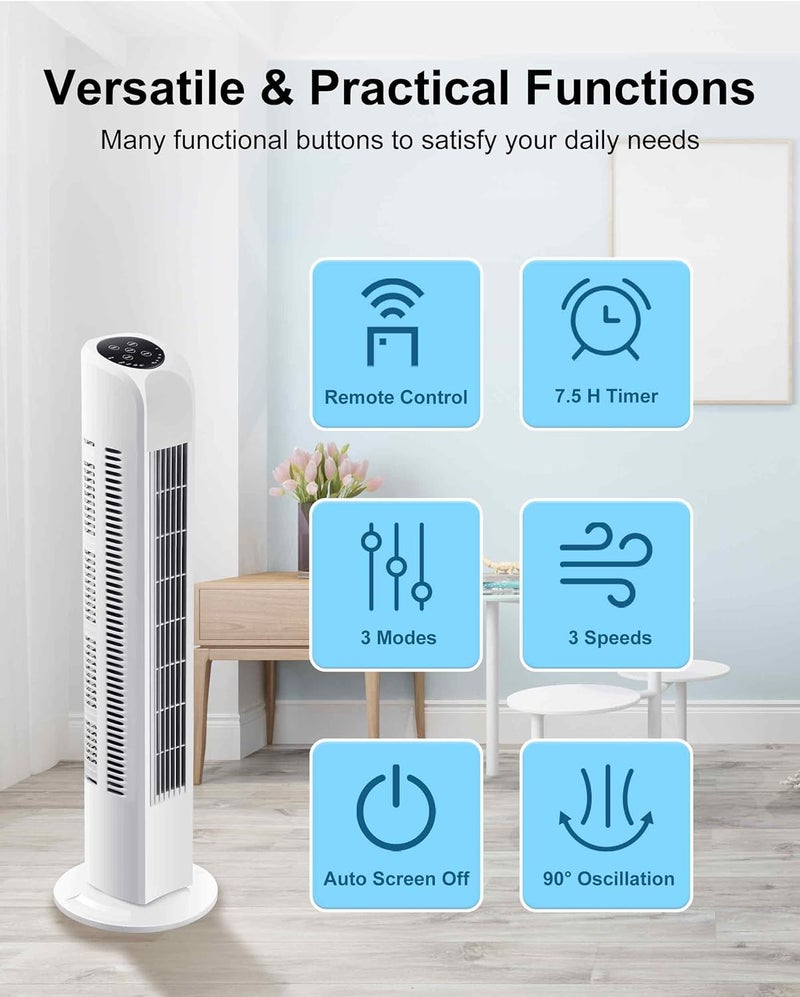 Uthfy Oscillating Bladeless Tower Fan with Remote, Quiet Cooling Portable, Electric Standing Floor Fan with 3 Wind Speeds 3 Modes for Bedroom,Indoor,Office and Home Use, 30", White - Image 3